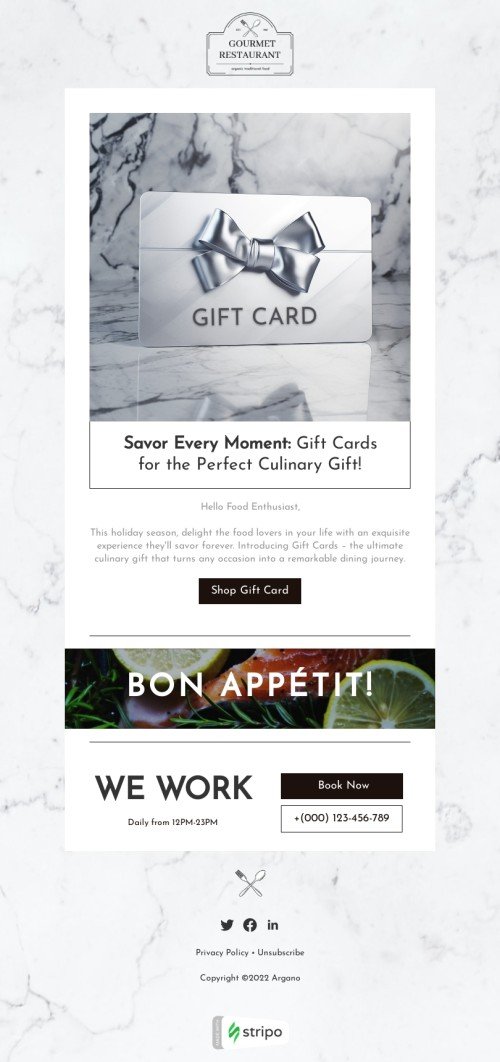 Plantilla de correo electrónico «Saborea cada momento» de tarjeta de regalo para la industria de restaurantes Vista de escritorio