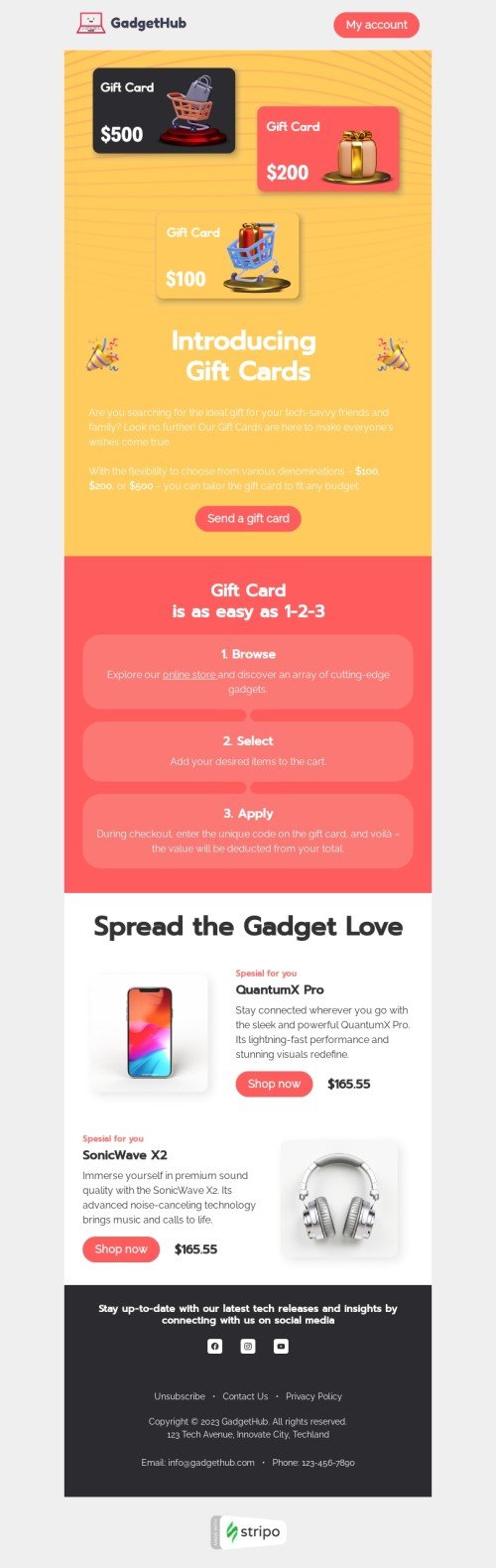 Gift сard email template "Introducing gift cards" for gadgets industry desktop view