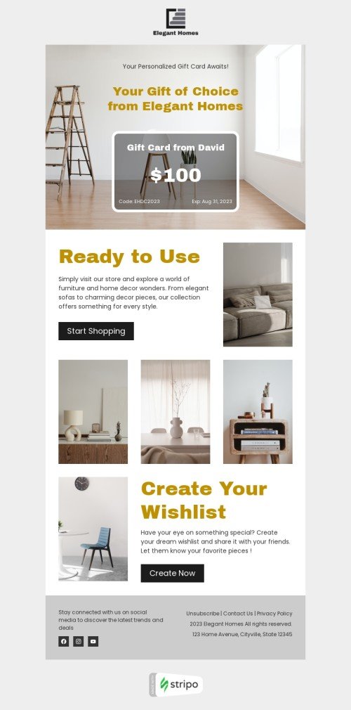 Gift сard email template "Ready to use" for furniture, interior & DIY industry mobile view