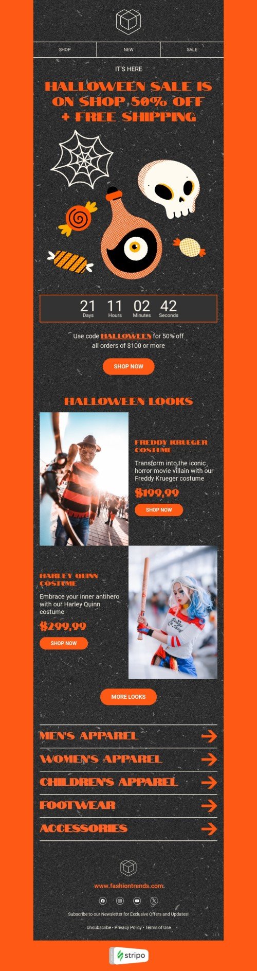 Halloween E-Mail-Vorlage «Halloween-Looks» für Mode-Branche Ansicht auf Mobilgeräten