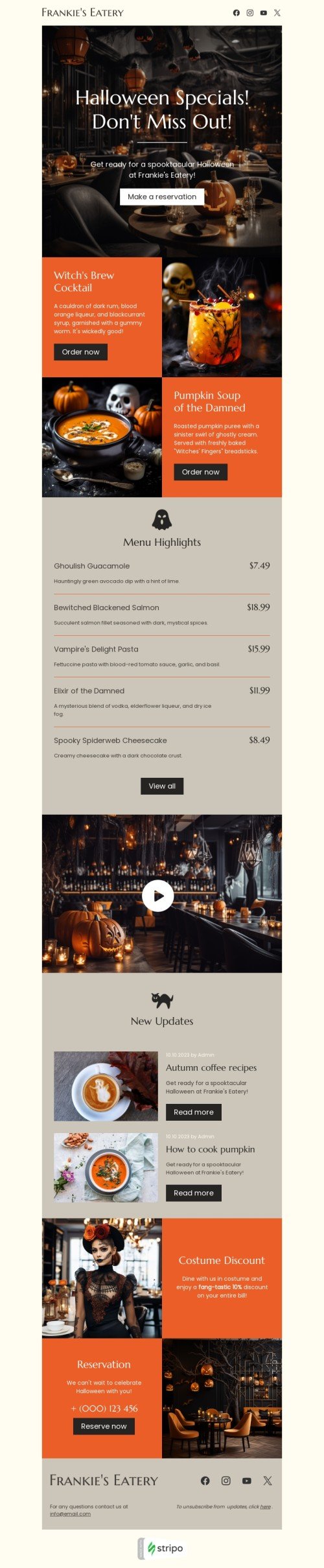 Modelo de e-mail de «Especiais de Halloween» de Halloween para a indústria de restaurantes Visualização de dispositivo móvel