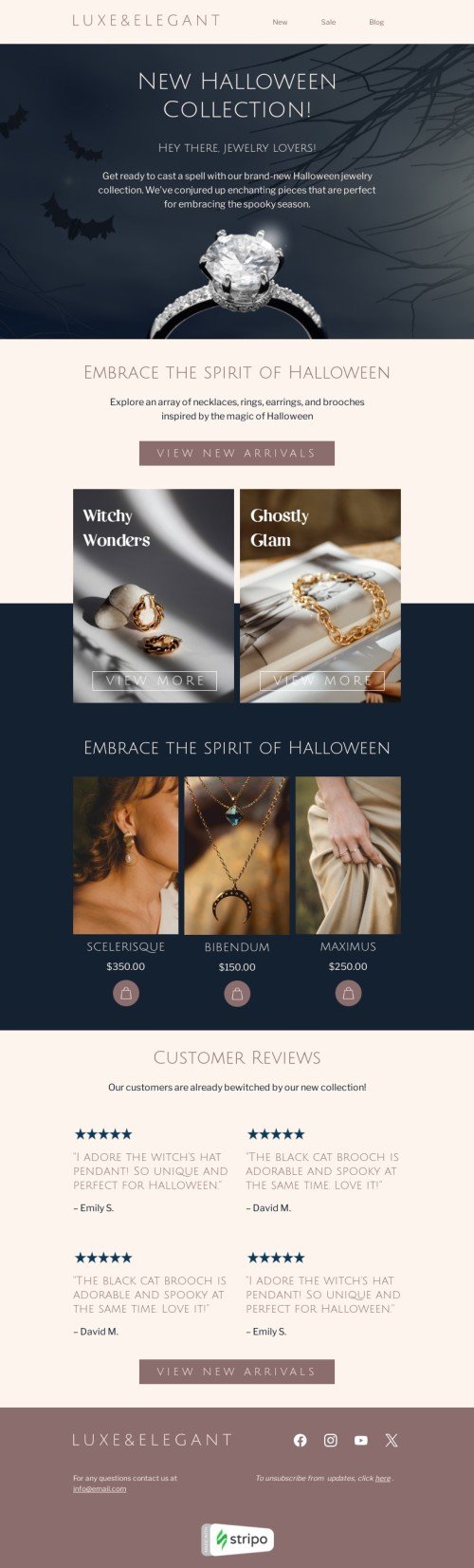 Halloween email template "Jewelry lovers" for jewelry industry desktop view