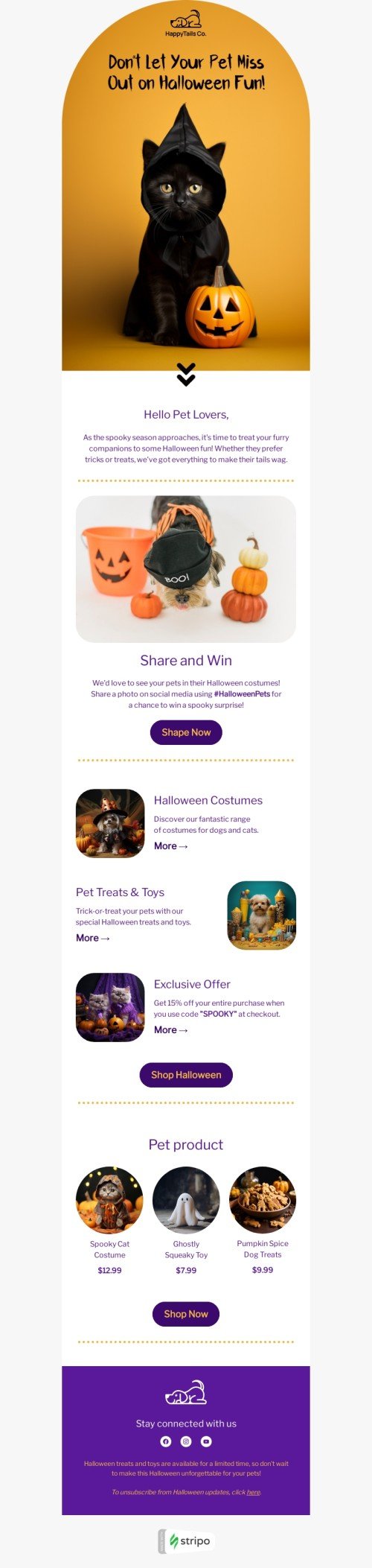Halloween email template "Hello pet lovers" for pets industry desktop view