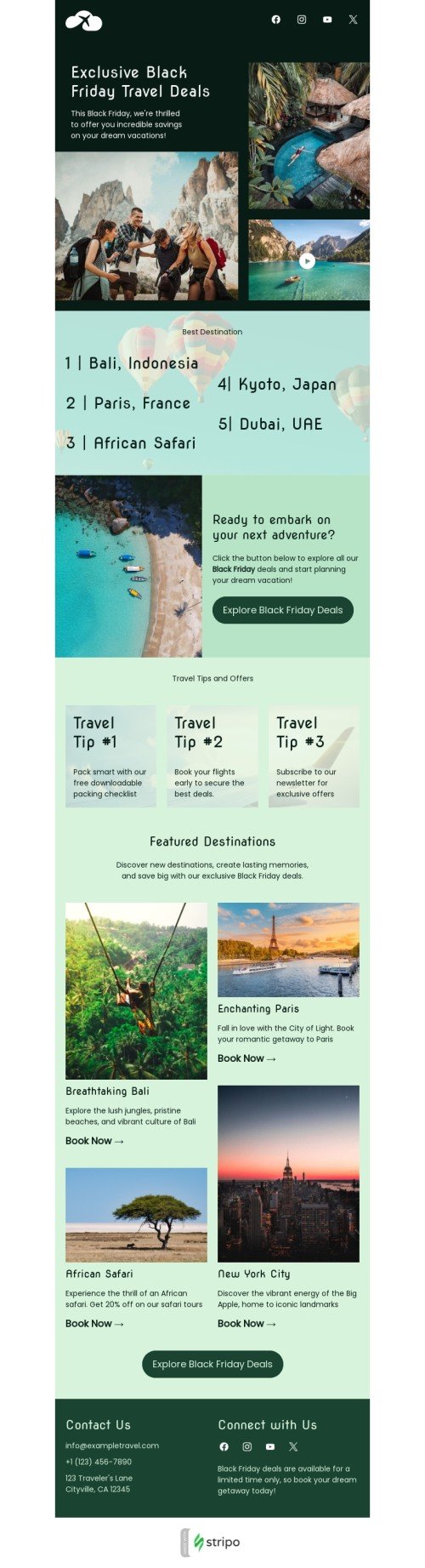 Black Friday email template "Black Friday travel deals" for travel industry desktop view