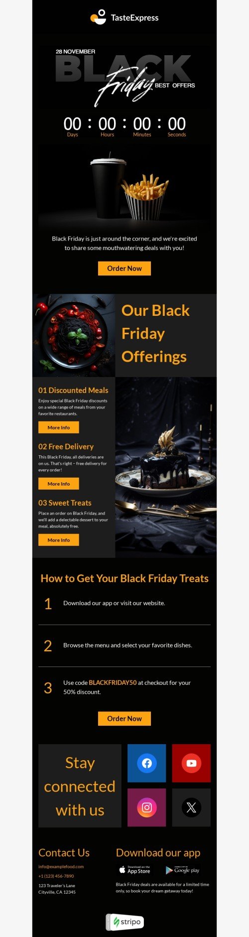 Black Friday email template "Unwrap delicious deals" for food industry mobile view