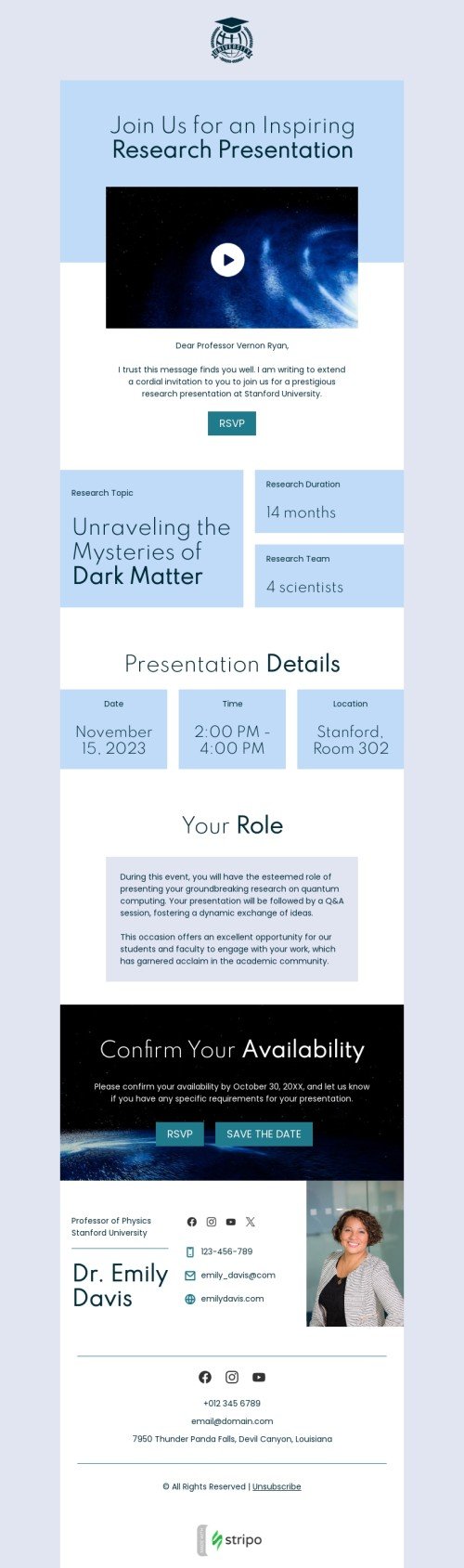 Events email template "Inspiring research presentation" for professor email industry mobile view