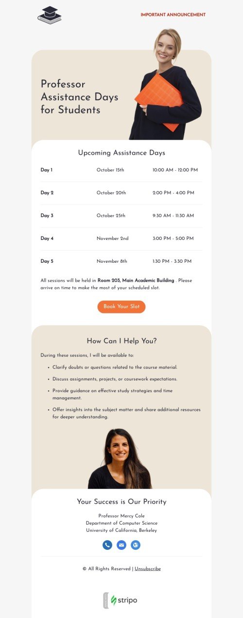 Confirmation email template "Assistance days" for professor email industry desktop view