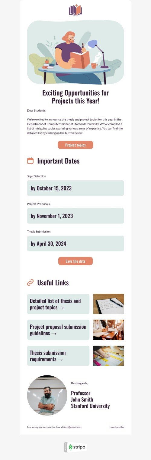 Confirmation email template "Thesis and project topics" for professor email industry mobile view