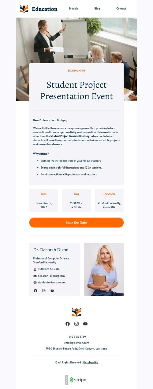Events email template "Student project presentation event" for academia industry mobile view