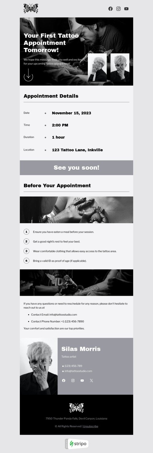 Events email template "First tattoo appointment" for tattoo industry mobile view