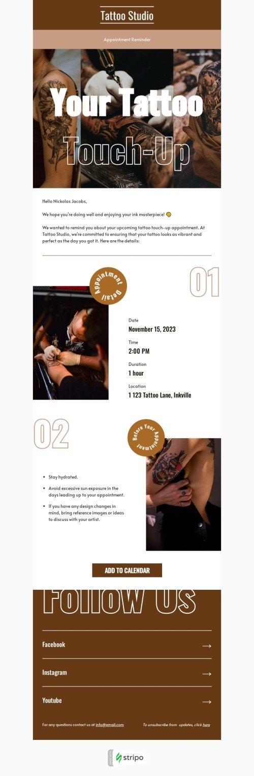 Events email template "Tattoo touch-up" for tattoo industry desktop view