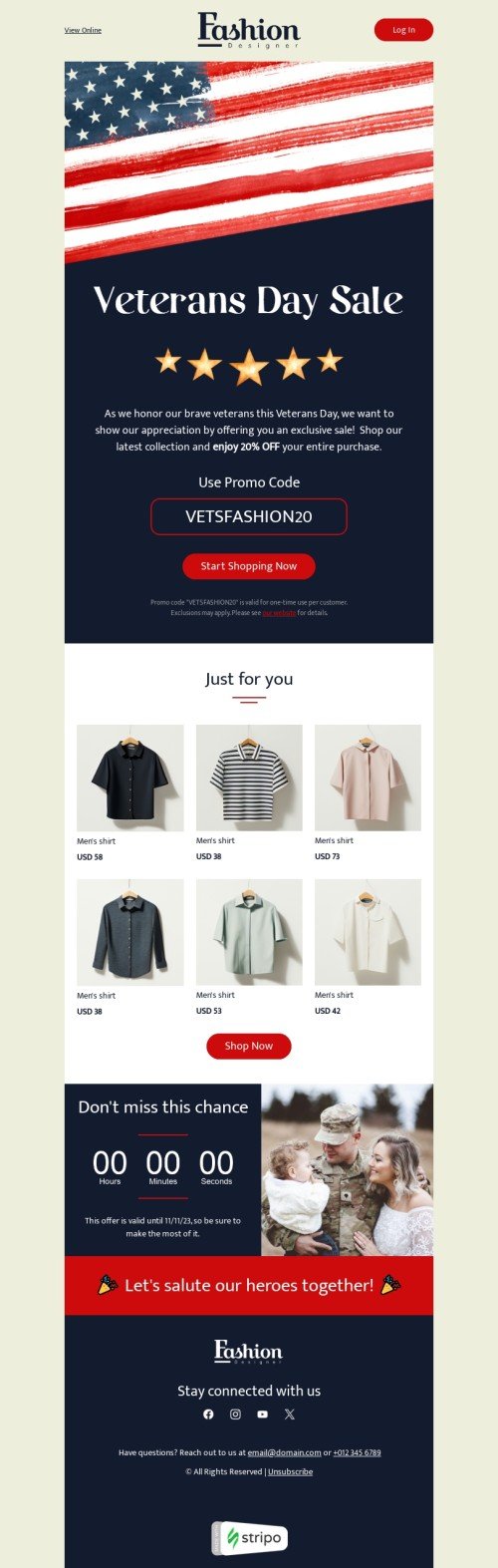 Veterans Day email template "Veterans Day sale" for fashion industry mobile view