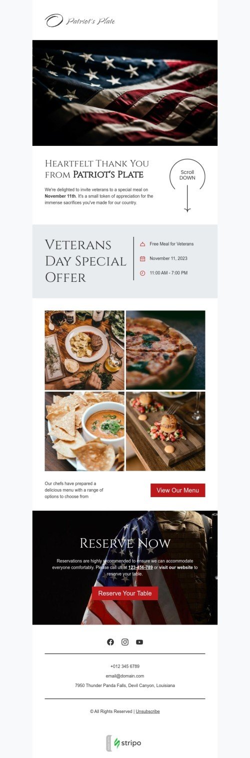 Veterans Day email template "Heartfelt thank you" for restaurants industry desktop view