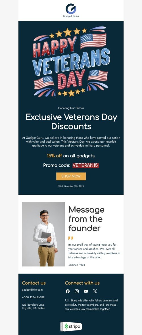 Veterans Day email template "Honoring our heroes" for gadgets industry mobile view