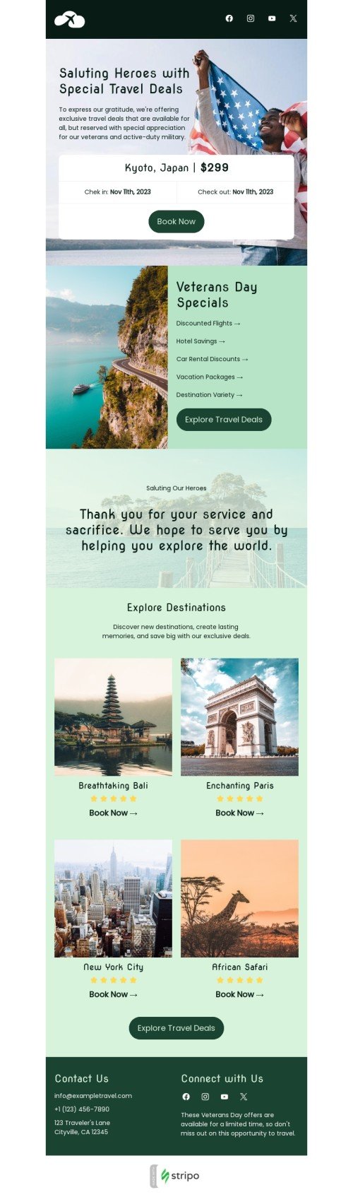 Veterans Day email template "Saluting heroes" for travel industry desktop view