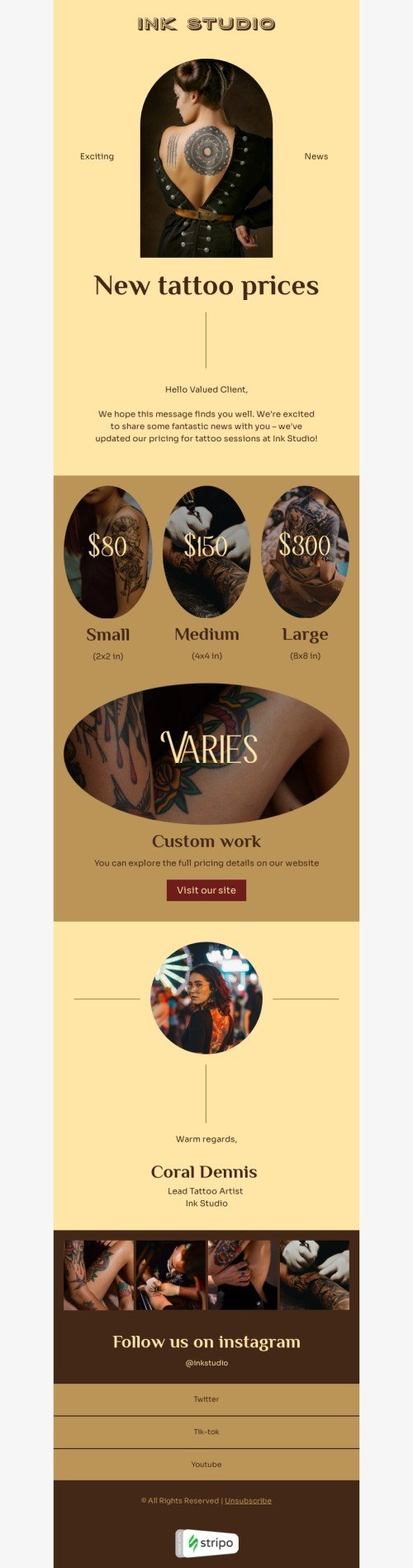 Price list email template "New tattoo prices" for tattoo industry mobile view