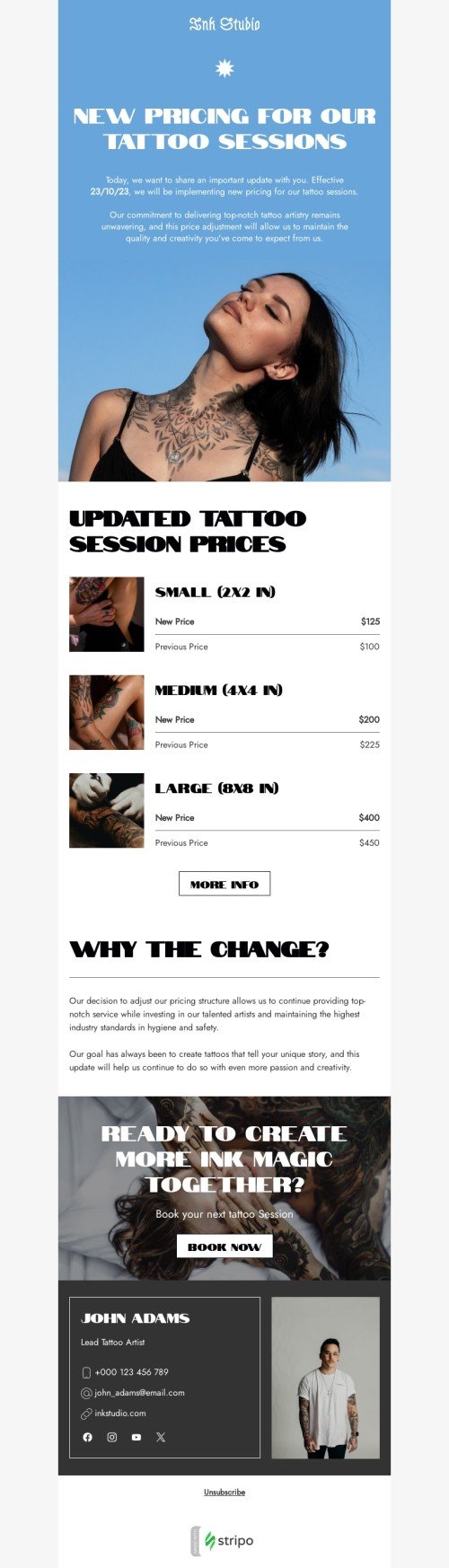 Price list email template "New pricing for our tattoo sessions" for tattoo industry mobile view