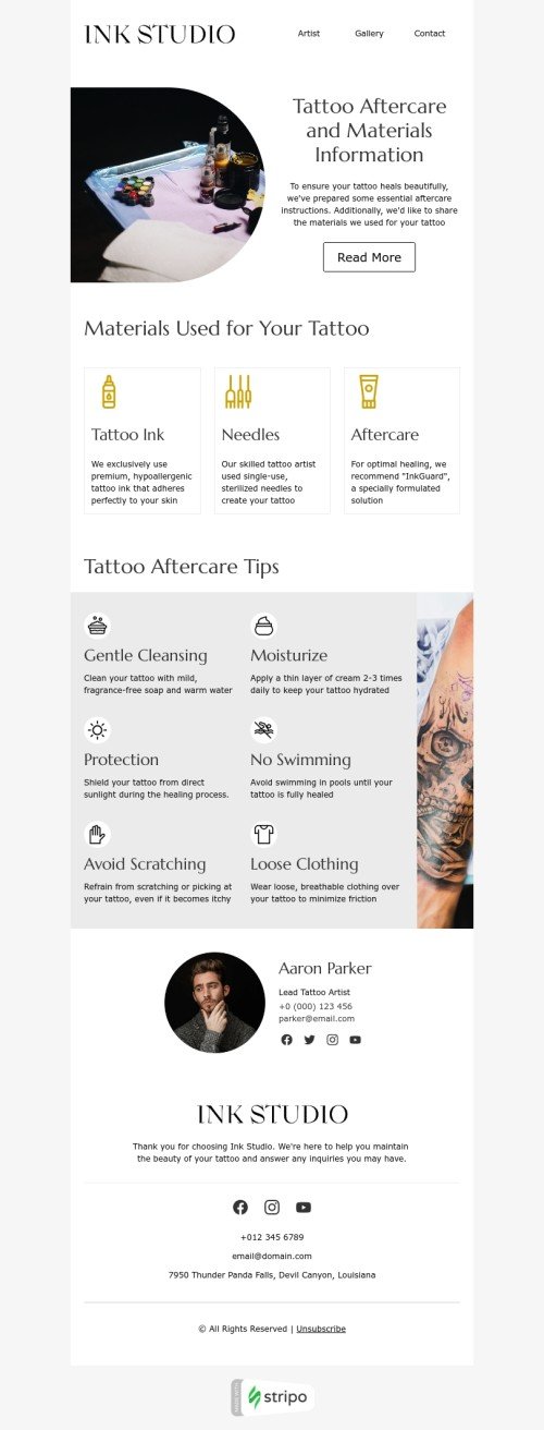 Plantilla de correo electrónico «Información sobre materiales y cuidados posteriores al tatuaje» de boletines para la industria de tatuajes Vista de escritorio