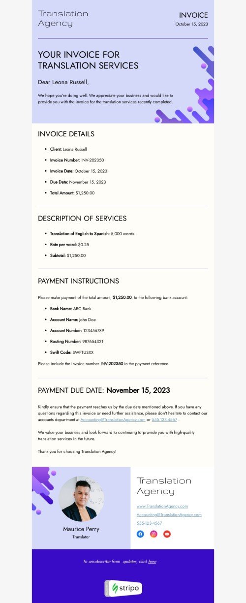 Confirmation email template "Invoice for translation services" for translation industry mobile view
