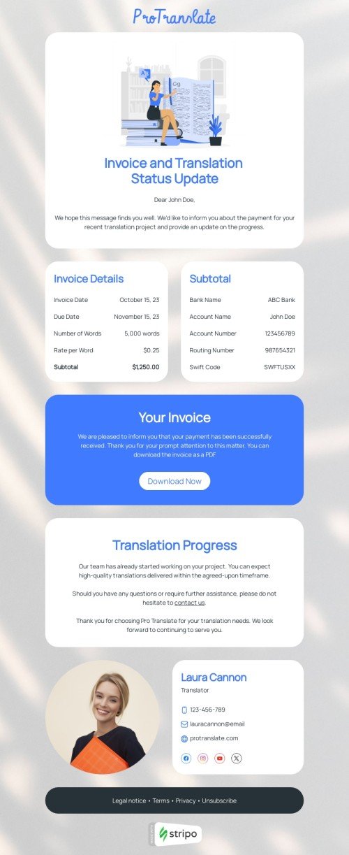 Modelo de e-mail de «Progresso da tradução» de confirmação de pedido para a indústria de tradução Visualização de desktop