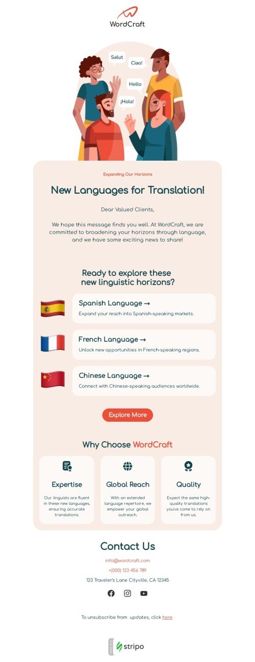 Modelo de e-mail de «Novos idiomas» de promoção para a indústria de tradução Visualização de dispositivo móvel