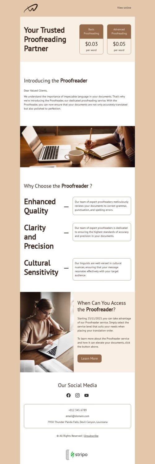 Promo email template "Proofreading partner" for translation industry desktop view