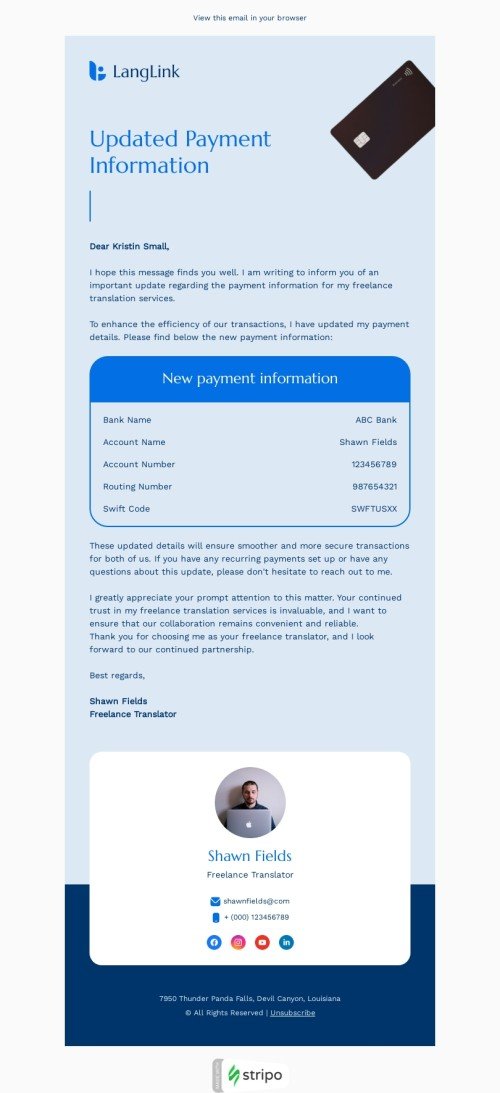 Confirmation email template "Payment information" for translation industry mobile view