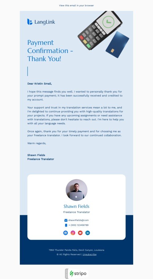 Confirmation email template "Your payment was successful" for translation industry desktop view