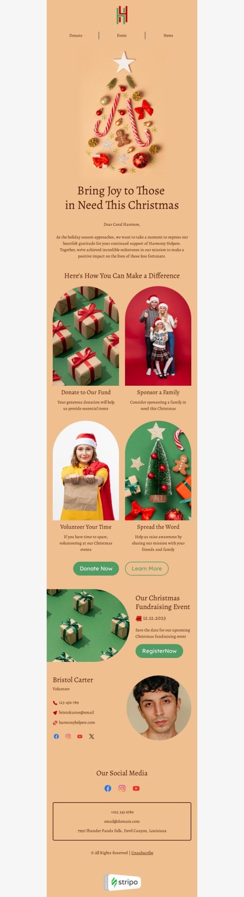 Plantilla de correo electrónico «Trae alegría» de Navidad para la industria de sin fines de lucro y caridad Vista de escritorio