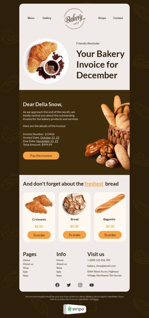 Invoice email template "Friendly reminder" for food industry mobile view