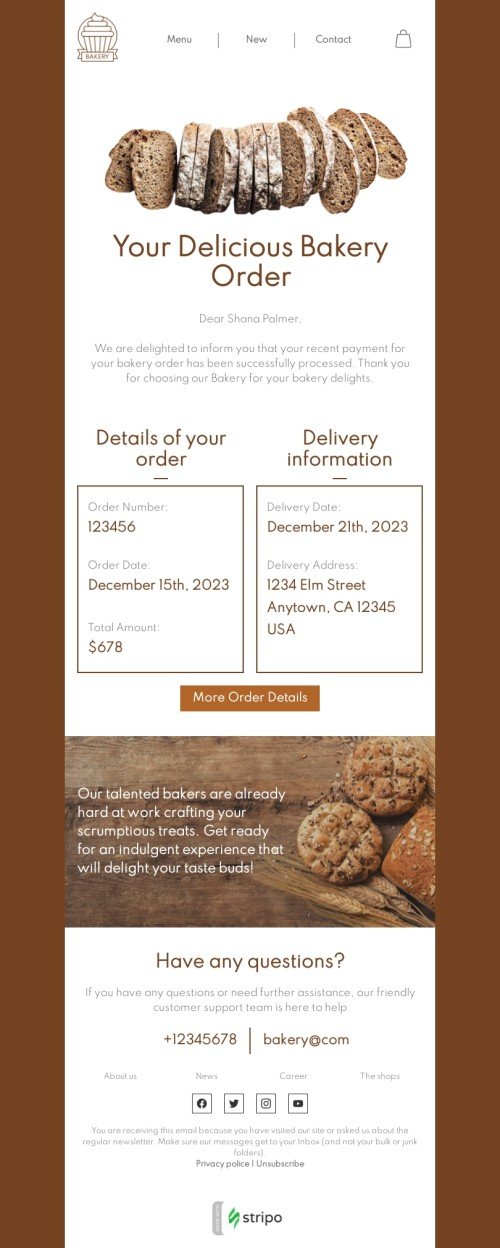 Plantilla de correo electrónico «Orden de panadería» de confirmación del pedido para la industria de hornear Vista de móvil