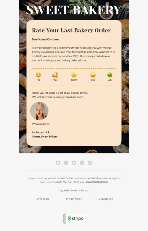 Modèle de courrier électronique sondages & avis client «Évaluez votre dernière commande de boulangerie» pour le secteur pâtisserie Affichage mobile