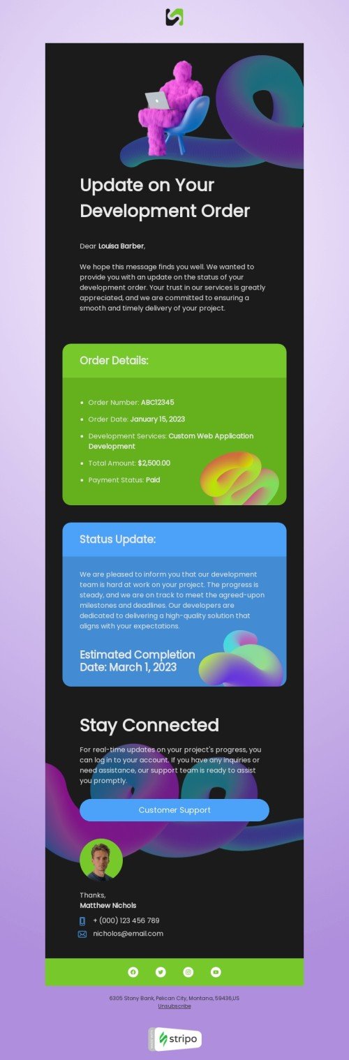 Confirmation email template "Development order" for programming industry mobile view
