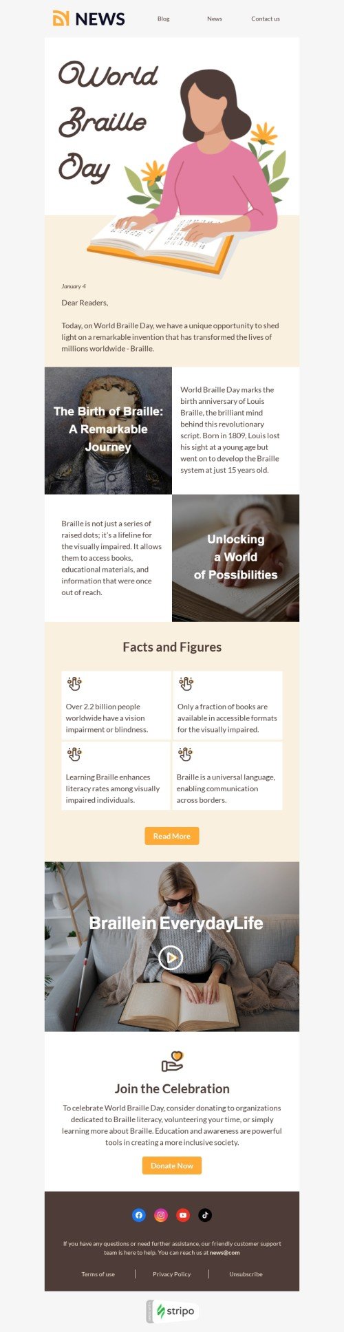 World Braille Day email template "Celebrating World Braille Day" for education industry mobile view