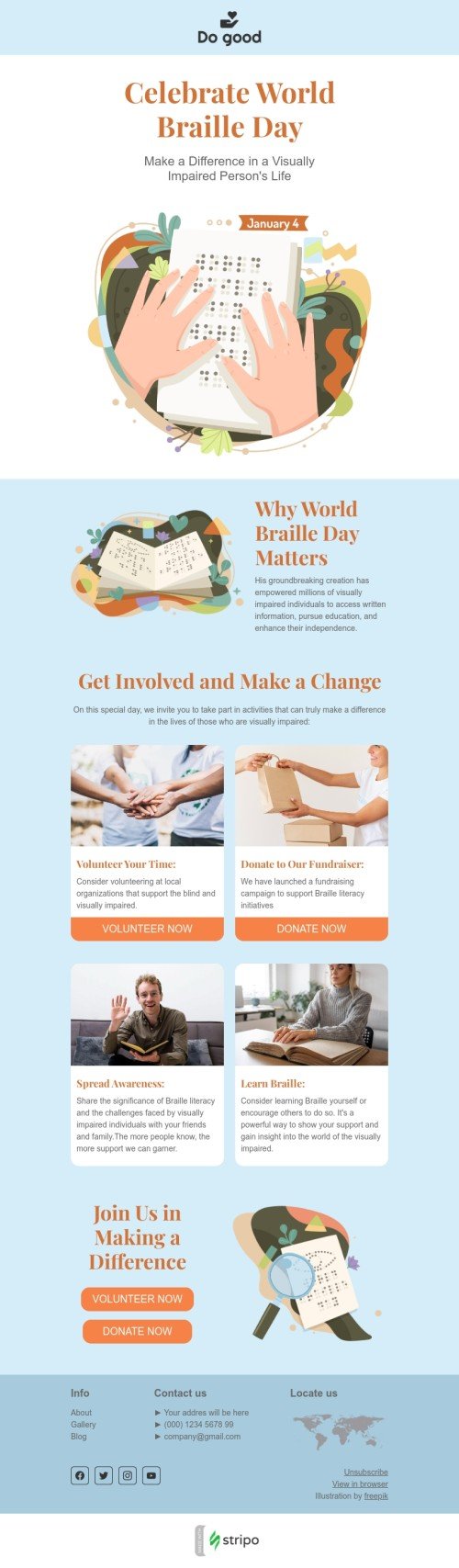 Welt-Braille-Tag E-Mail-Vorlage «Machen Sie eine Veränderung» für Gemeinnützig & Wohltätigkeit-Branche Ansicht auf Mobilgeräten