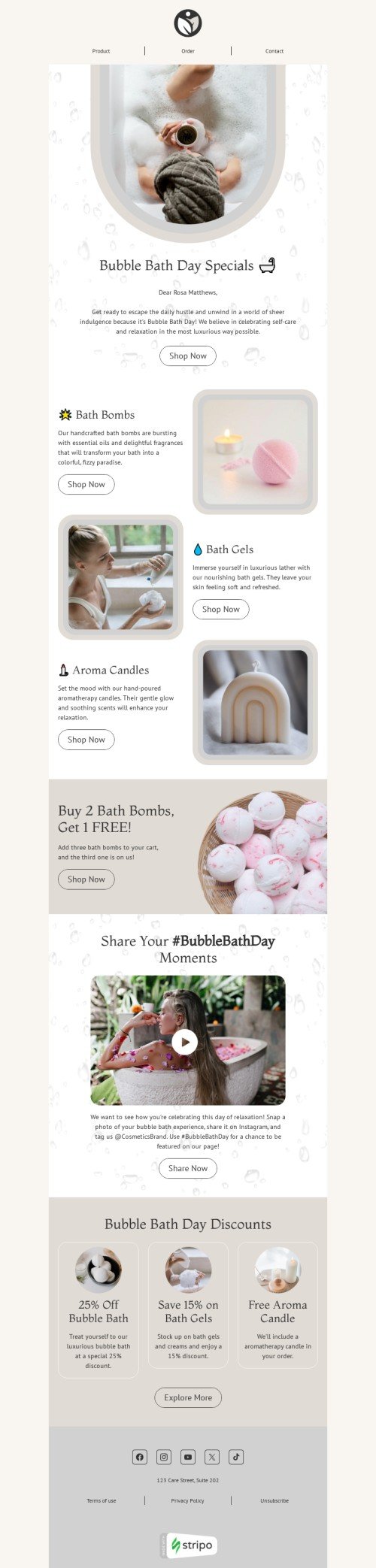 Modelo de e-mail de «Momentos do Dia do Banho de Espuma» de Dia do Banho de Espuma para a indústria de beleza e cuidados pessoais Visualização de dispositivo móvel