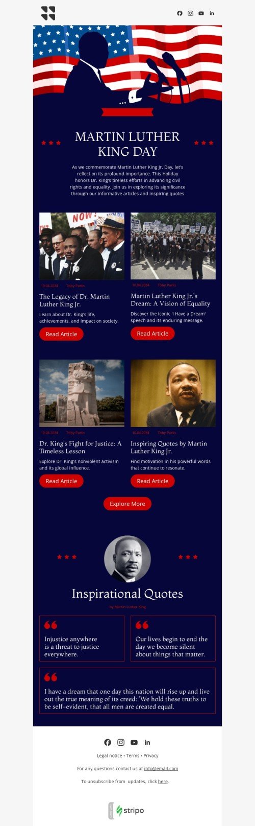 Modello email Martin Luther King Day «Scopri il significato» per il settore industriale di editoria e blog Visualizzazione mobile