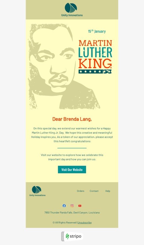 Modèle de courrier électronique Martin Luther King Day «Carte de voeux de vacances» pour le secteur business Affichage mobile
