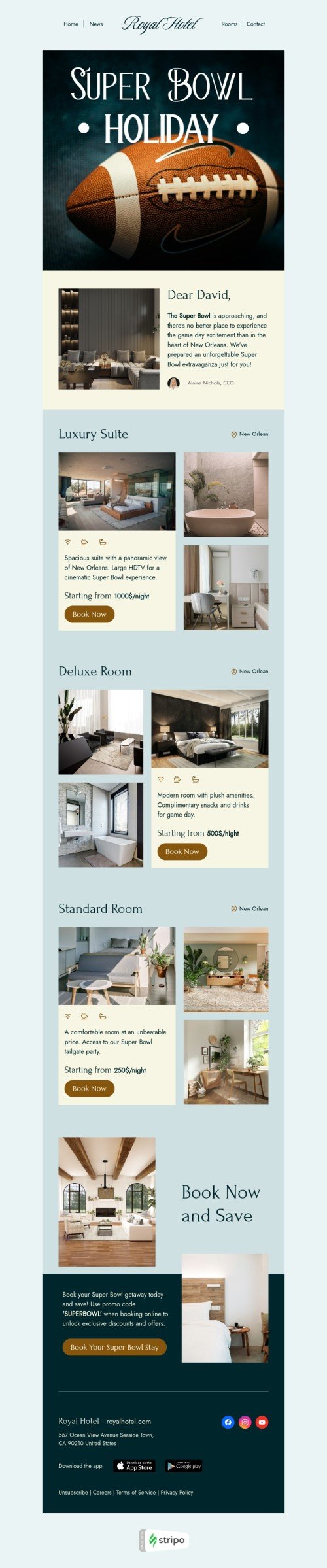 Modelo de e-mail de «Suíte de luxo» de Super Bowl para a indústria de hotéis Visualização de dispositivo móvel