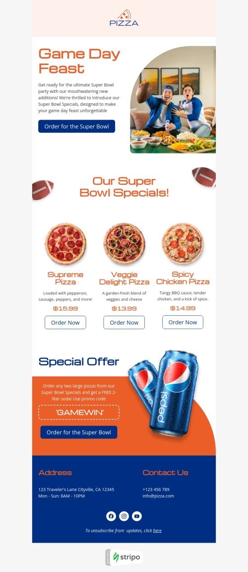 Super Bowl E-Mail-Vorlage «Spieltagsfest» für essen-Branche Ansicht auf Mobilgeräten