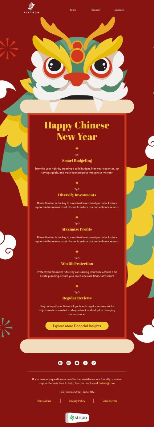 Chinese New Year email template "Unlock financial prosperity" for finance industry mobile view