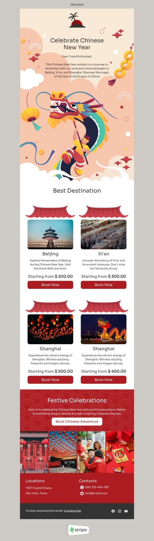 Chinese New Year email template "Year of the dragon" for travel industry desktop view