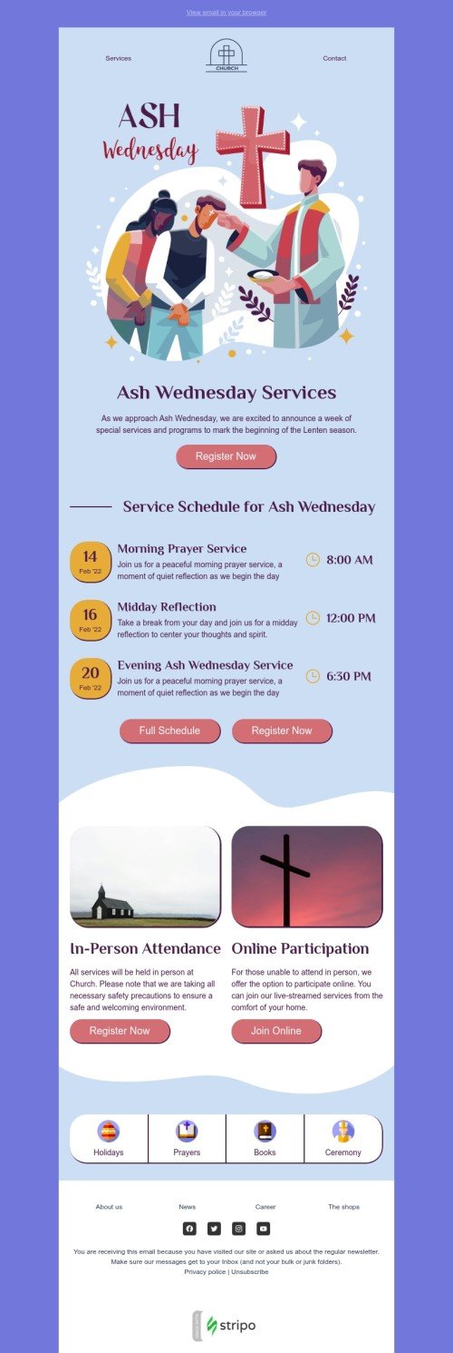 Modèle de courrier électronique Mercredi des Cendres «Calendrier des services» pour le secteur église Affichage mobile