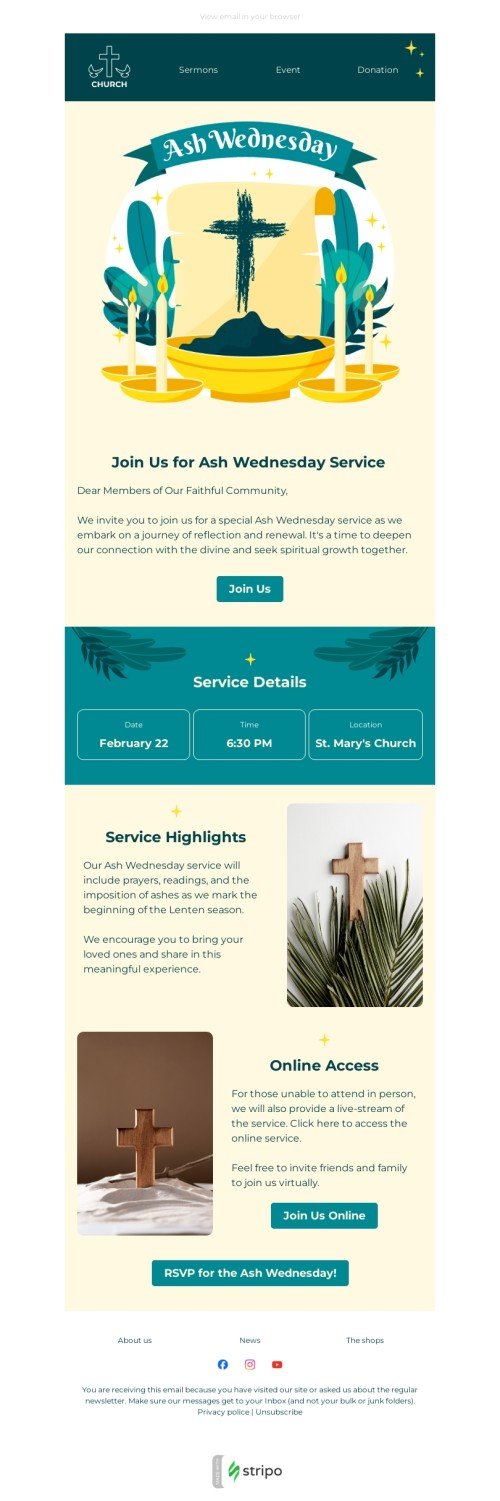 Plantilla de correo electrónico «Servicio del Miércoles de Ceniza» de Miércoles de Ceniza para la industria de iglesia Vista de móvil
