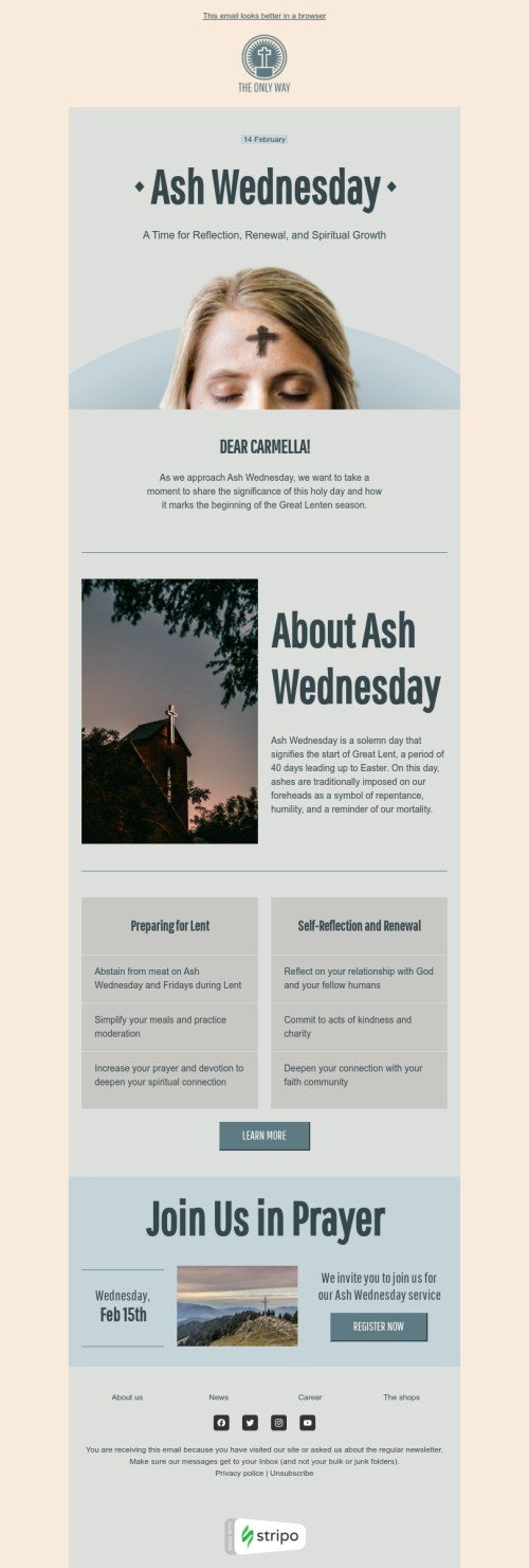 Ash Wednesday email template "Time for reflection" for church industry mobile view