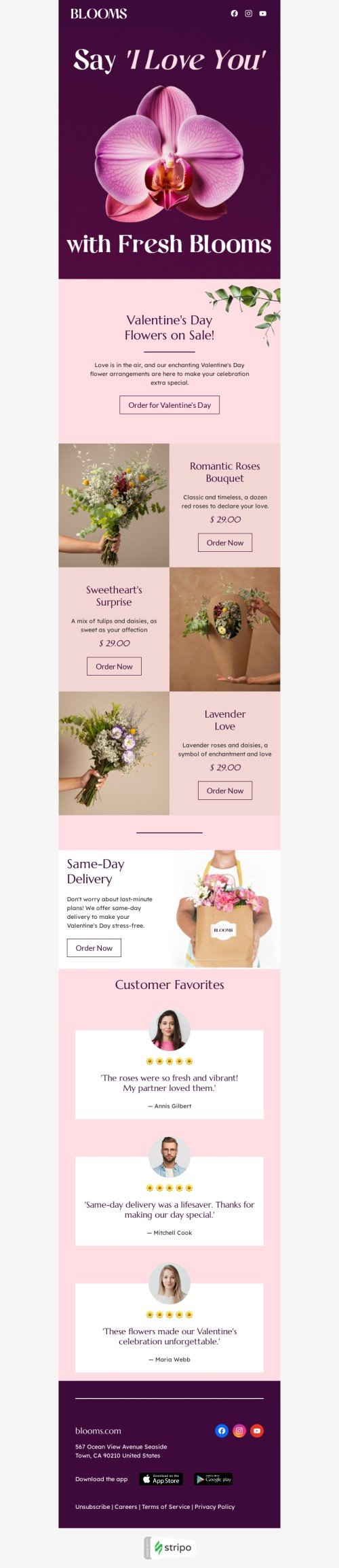 Modelo de e-mail de «Flores frescas» de Dia dos Namorados para a indústria de presentes e flores Visualização de dispositivo móvel
