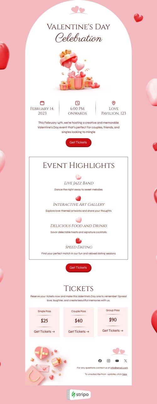 Valentine’s Day email template "Love pavilion" for hobbies industry desktop view