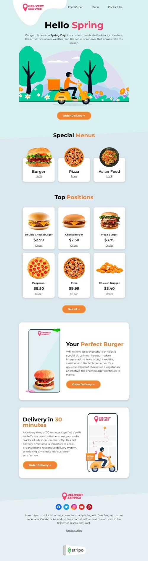 Frühling E-Mail-Vorlage «Express-Burger» für Essen-Branche Ansicht auf Mobilgeräten