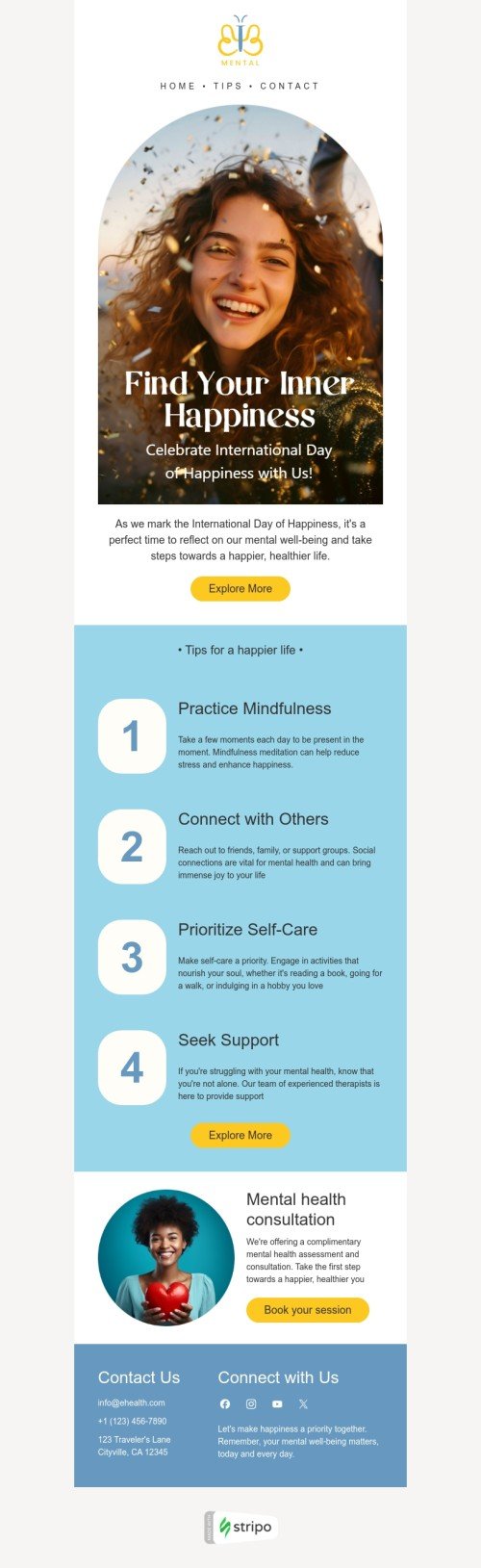 International Day of Happiness email template "Find your inner happiness" for health and wellness industry mobile view