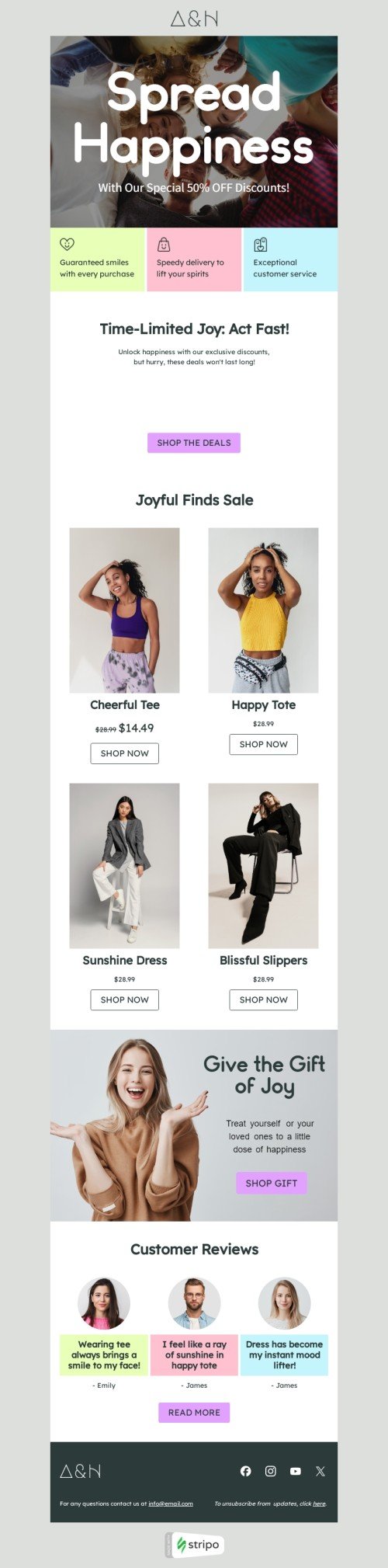 Tag des Glücks E-Mail-Vorlage «Verbreiten Sie Glück» für mode-Branche Ansicht auf Mobilgeräten